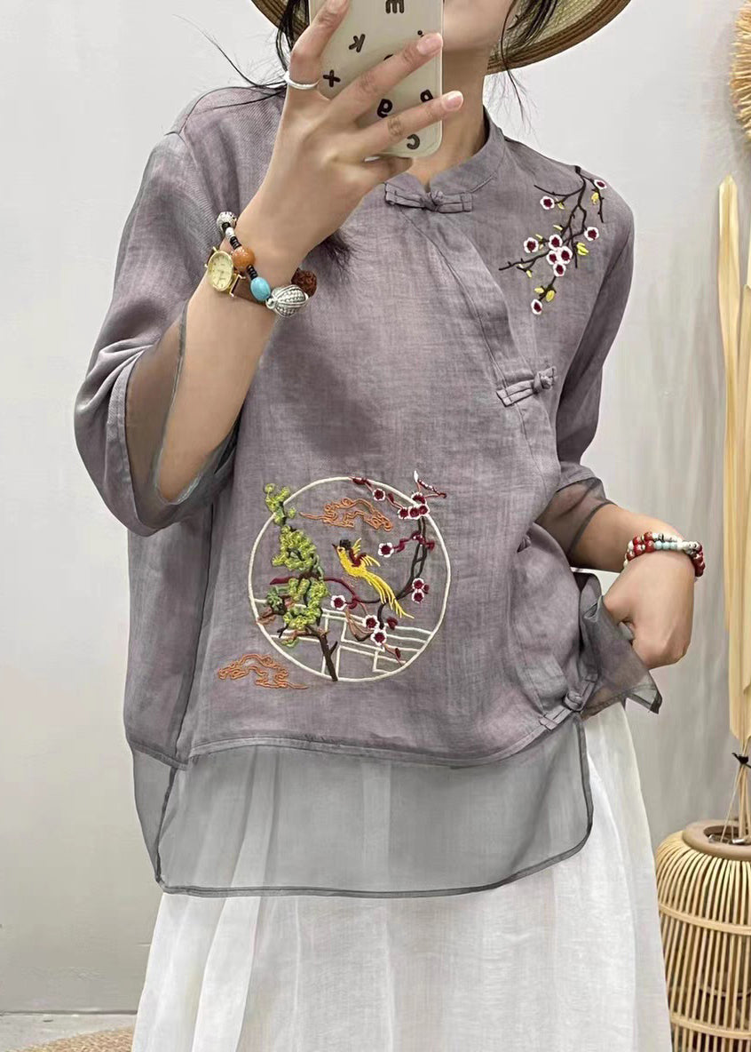 Grey Tulle Patchwork Cotton Shirt O Neck Bracelet Sleeve