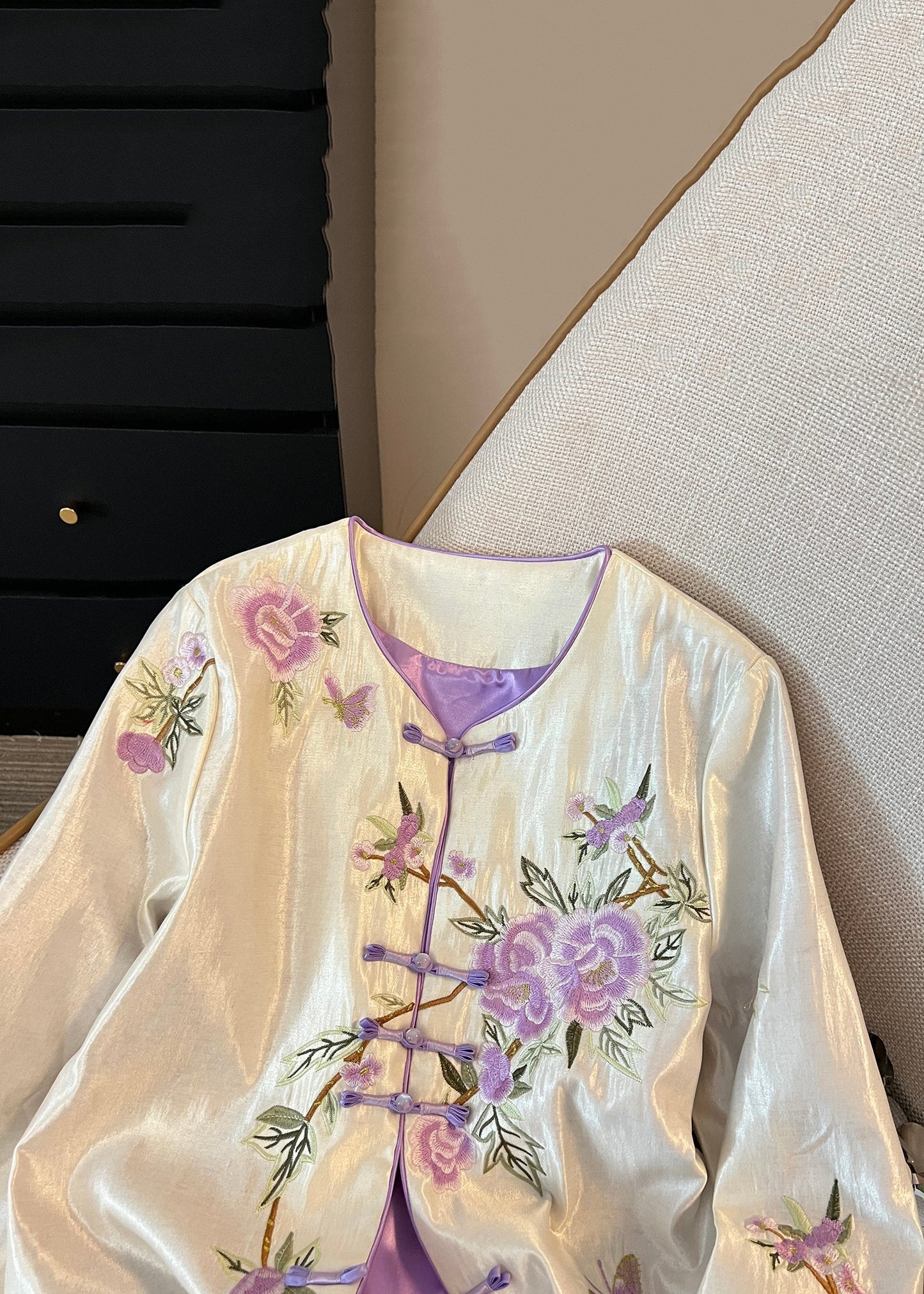 Handmade Apricot Embroidered Button Silk Coats Fall