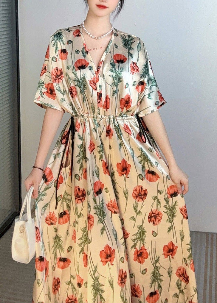 Handmade Apricot V Neck Print Cinched Holiday Long Dress Summer