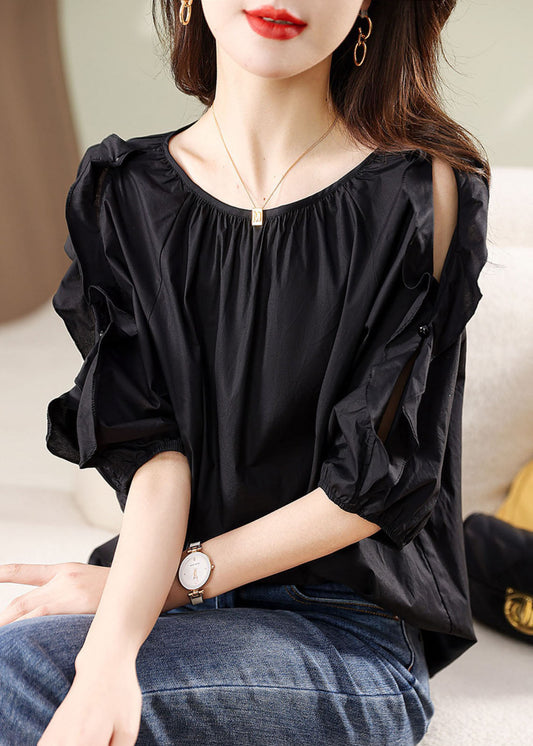 Handmade Black O Neck Ruffled Patchwork Cotton Shirt Summer