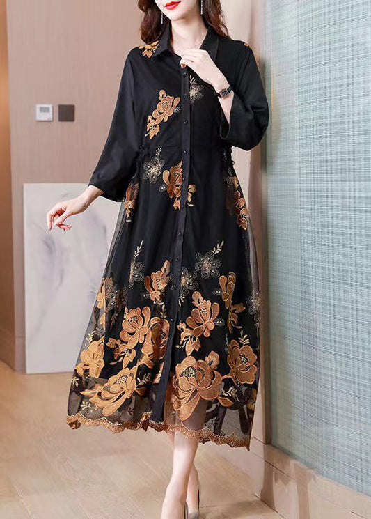 Handmade Black Peter Pan Collar Embroidered Patchwork Dress Fall