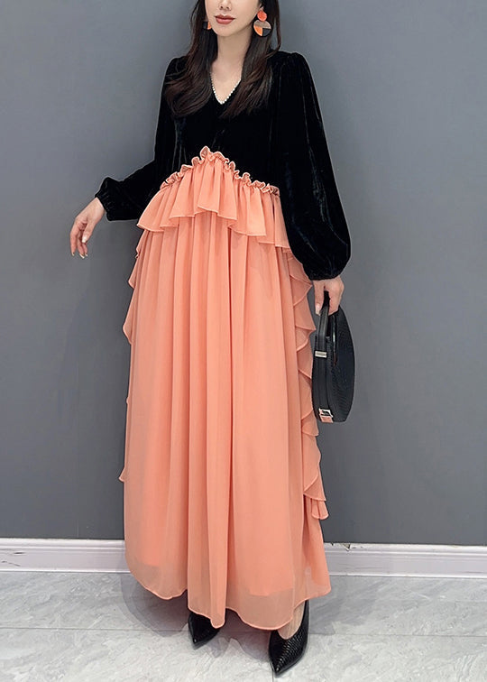 Handmade Black Pink Ruffled Velour Patchwork Chiffon Dresses Fall