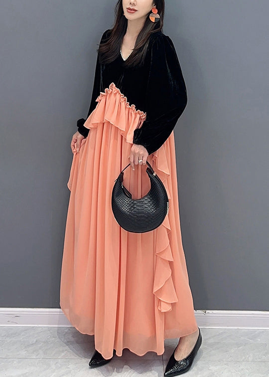 Handmade Black Pink Ruffled Velour Patchwork Chiffon Dresses Fall