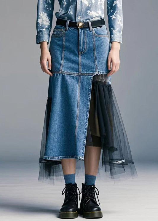 Handmade Blue Asymmetrical Patchwork Tulle Denim Wraped Skirt Spring