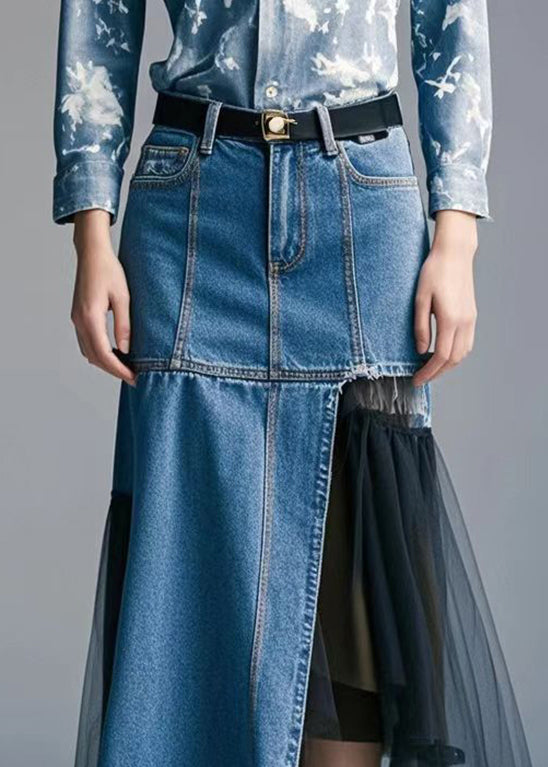 Handmade Blue Asymmetrical Patchwork Tulle Denim Wraped Skirt Spring