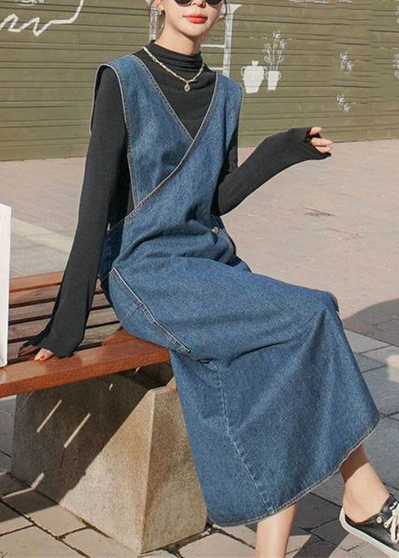 Handmade Blue V Neck Asymmetrical Design Patchwork Denim Maxi Dresses Fall