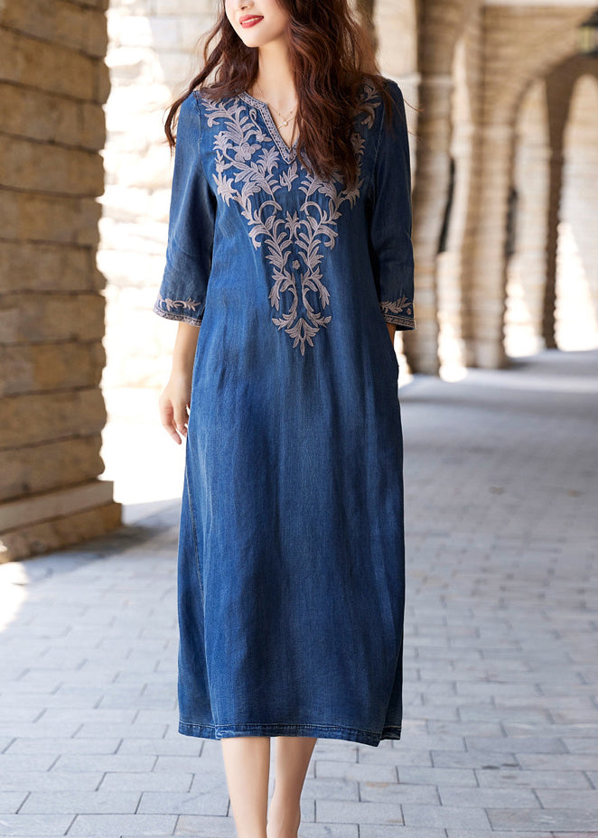 Handmade Blue V Neck Embroidered Silk Cotton Long Denim Dress Long Sleeve