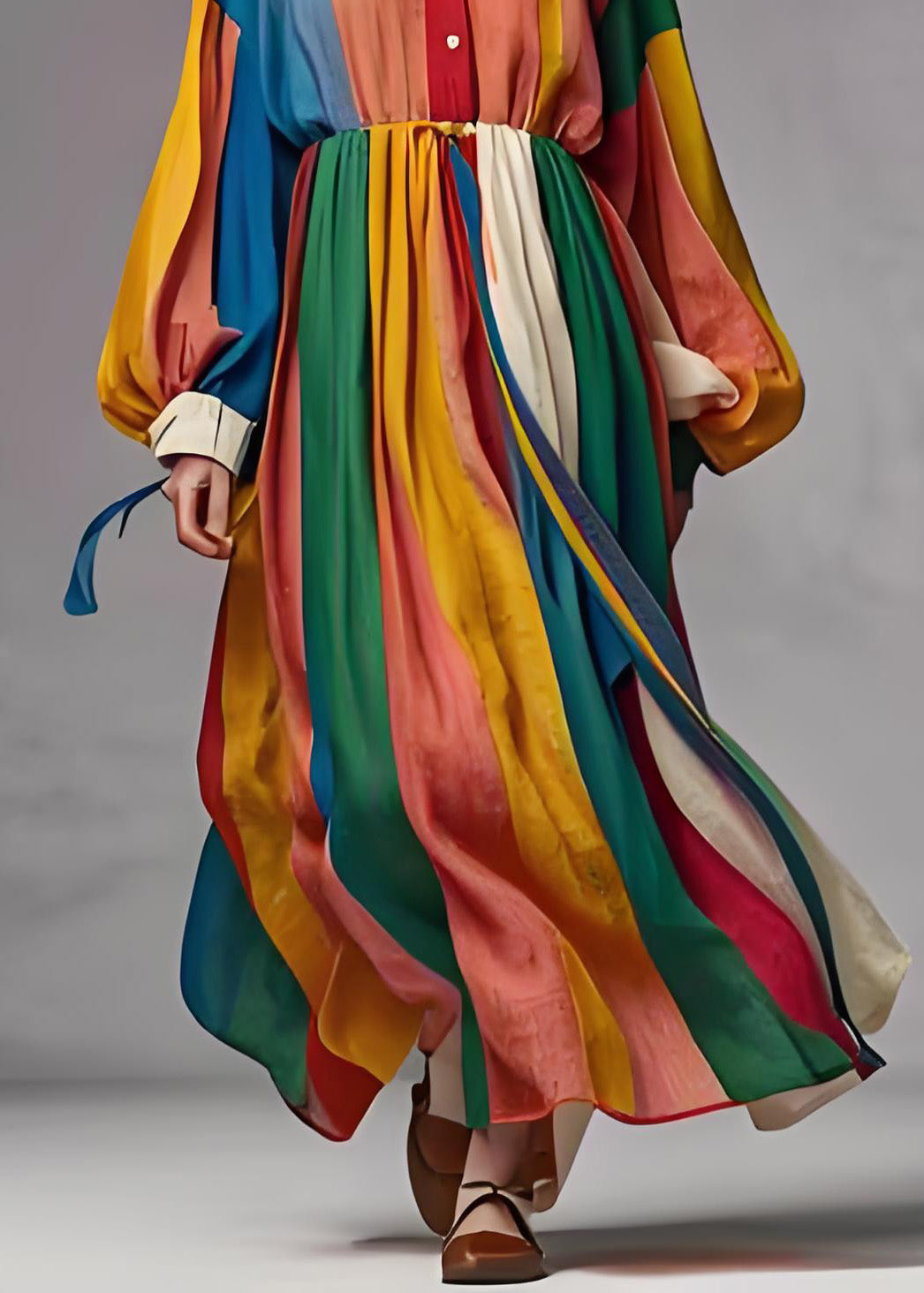 Handmade Colorblock Wrinkled Patchwork Cotton Long Dress Lantern Sleeve