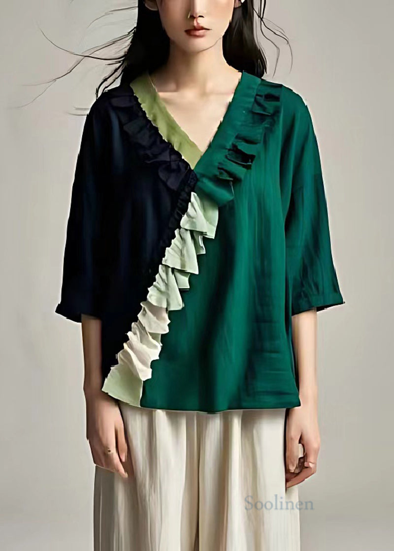 Handmade Dull Green Ruffled Patchwork Linen Blouse Top Summer