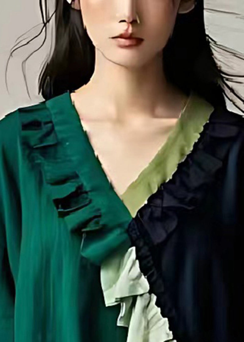 Handmade Dull Green Ruffled Patchwork Linen Blouse Top Summer