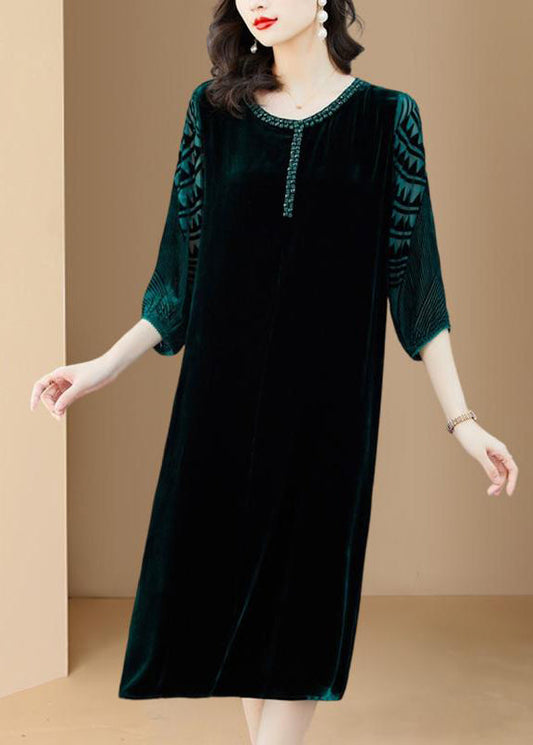 Handmade Green O-Neck Print Silk Velour Maxi Dresses Long Sleeve