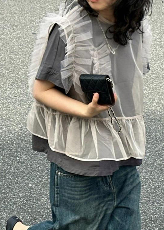 Handmade Grey Ruffled Patchwork Tulle Tops Short Sleeve