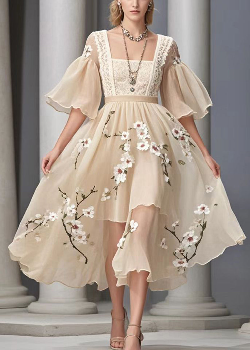 Handmade Khaki Plum Blossom Chiffon Vacation Dresses Summer