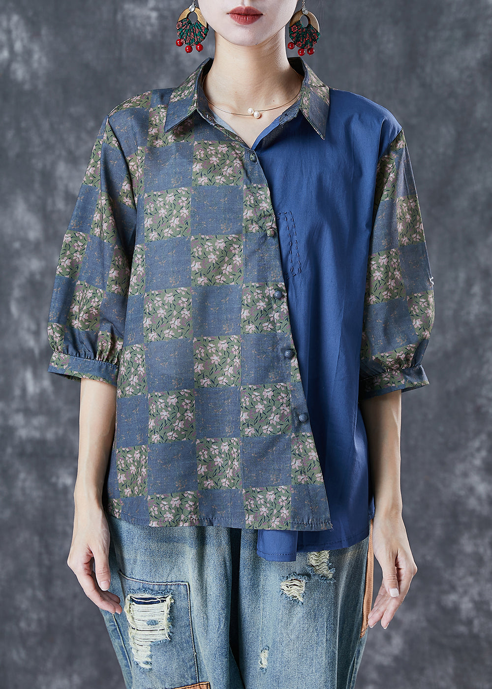 Handmade Navy Asymmetrical Patchwork Linen Top Half Sleeve