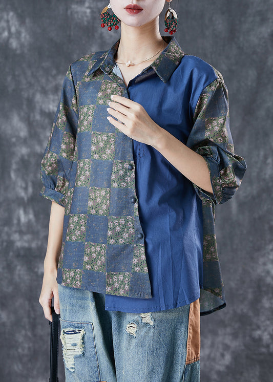 Handmade Navy Asymmetrical Patchwork Linen Top Half Sleeve