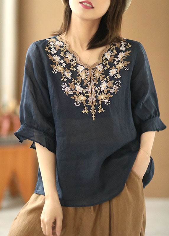 Handmade Navy Embroidered Linen Tops Half Sleeve