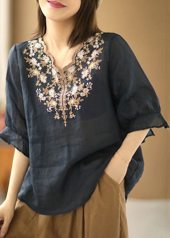 Handmade Navy Embroidered Linen Tops Half Sleeve