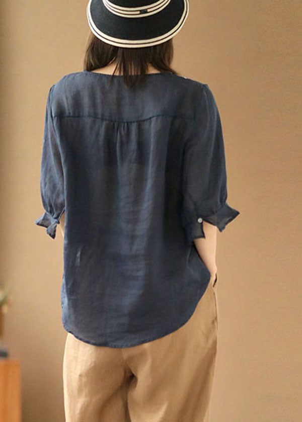 Handmade Navy Embroidered Linen Tops Half Sleeve