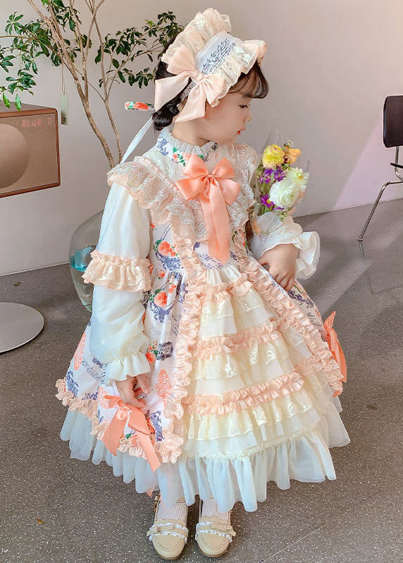 Handmade Orange Stand Collar Print Lace Patchwork Girls Long Dresses Fall