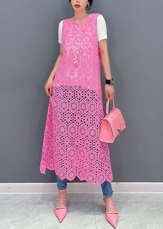 Handmade Pink O-Neck Hollow Out Knit Dresses Summer