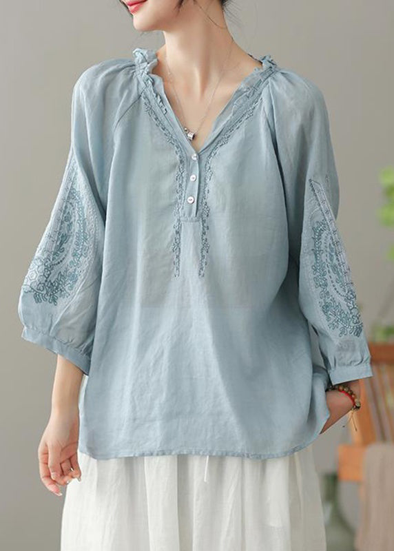 Handmade Red Ruffled Embroidered Linen Shirt Spring