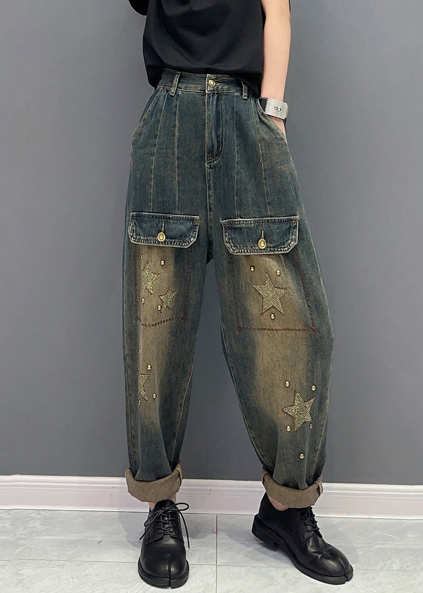 Handmade Star Zircon Pockets High Waist Patchwork Jeans Fall