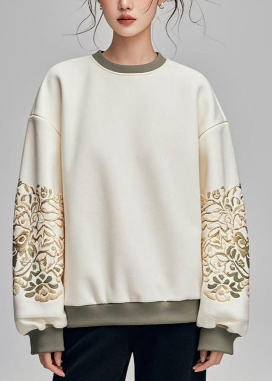 Handmade White O-Neck Embroidered Sweatshirt Fall