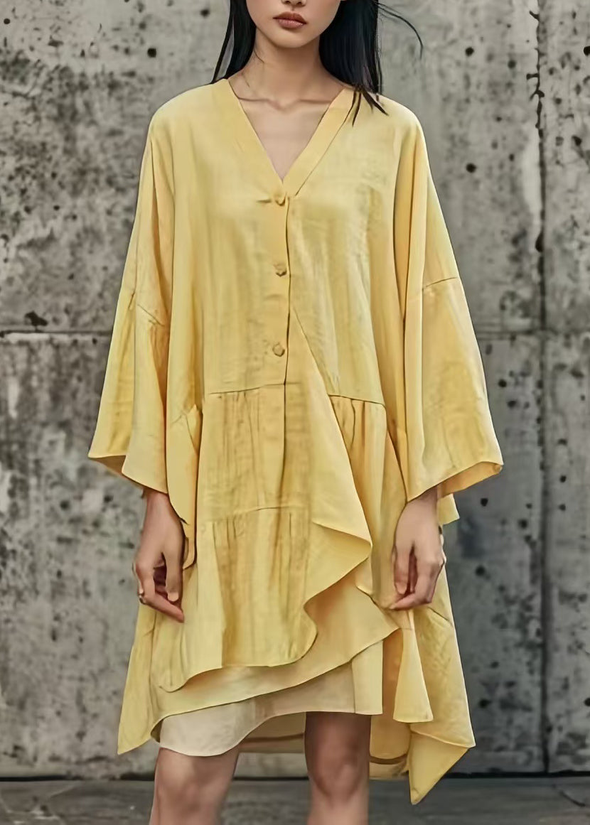 Handmade Yellow Asymmetrical Patchwork Cotton Mid Dress Summer