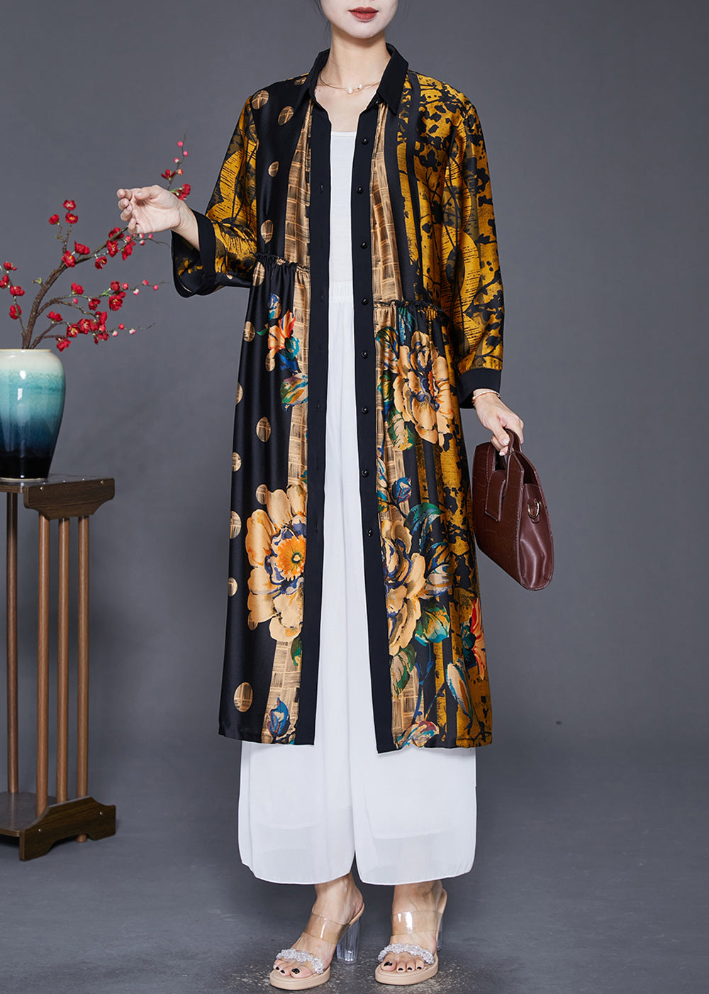 Handmade Yellow Oversized Print Wrinkled Silk Coats Fall