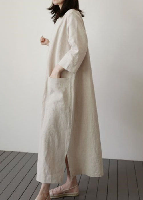 Italian Beige Cinched side open Linen Robe Dresses Spring