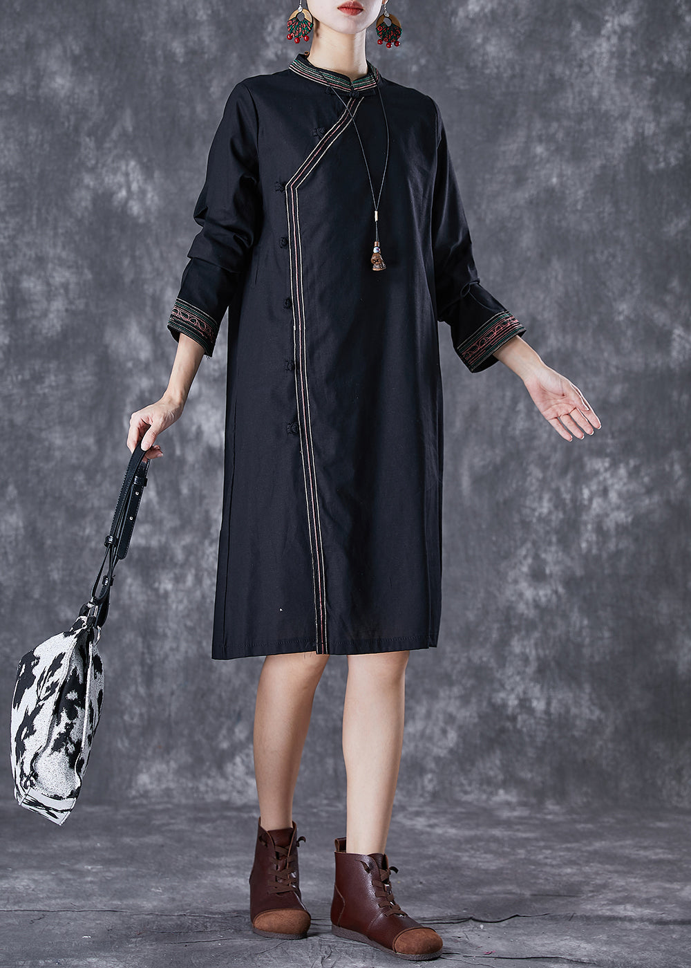 Italian Black Embroidered Chinese Button Linen Dress Fall