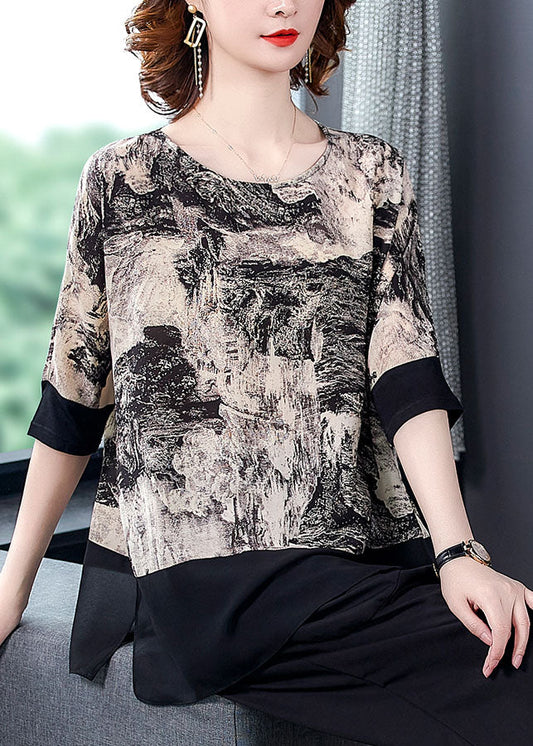 Italian Black O Neck Print Patchwork Chiffon T Shirt Top Summer