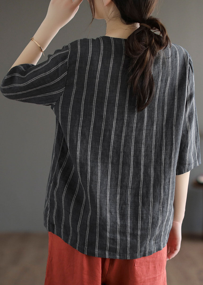 Italian Black Striped V Neck Button Patchwork Linen Blouses Summer