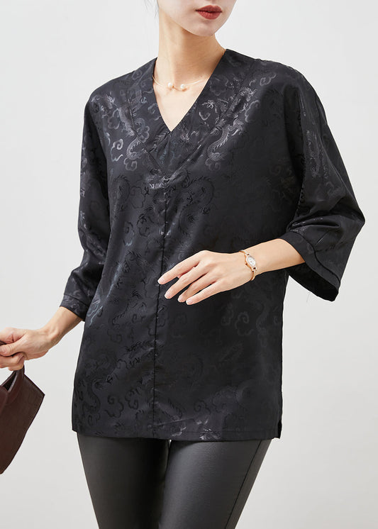 Italian Black V Neck Jacquard Silk Shirts Bracelet Sleeve