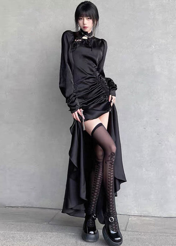 Italian Black Wrinkled Lace Up Side Open Silk Long Dresses Fall