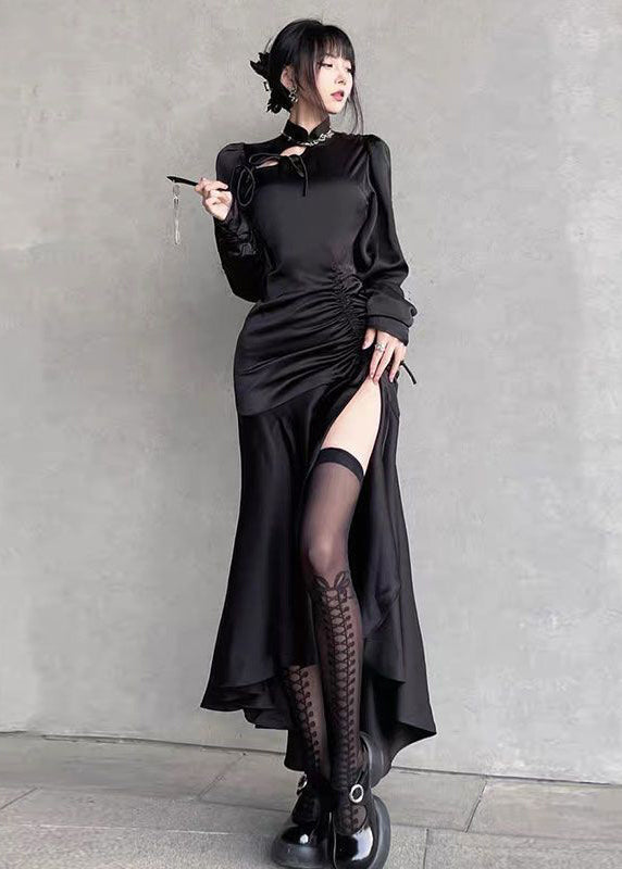 Italian Black Wrinkled Lace Up Side Open Silk Long Dresses Fall