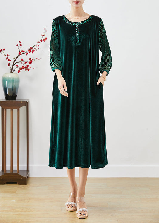 Italian Blackish Green Hollow Out Zircon Silk Velour Long Dresses Bracelet Sleeve