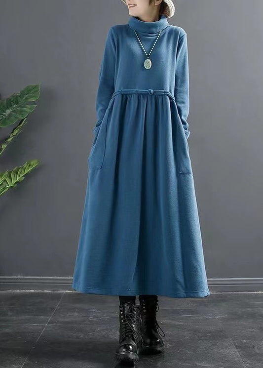 Italian Blue Hign Neck Lace Up Patchwork Cotton Long Dresses Fall