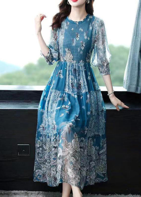 Italian Blue Print Wrinkled Patchwork Silk Long Dress Fall