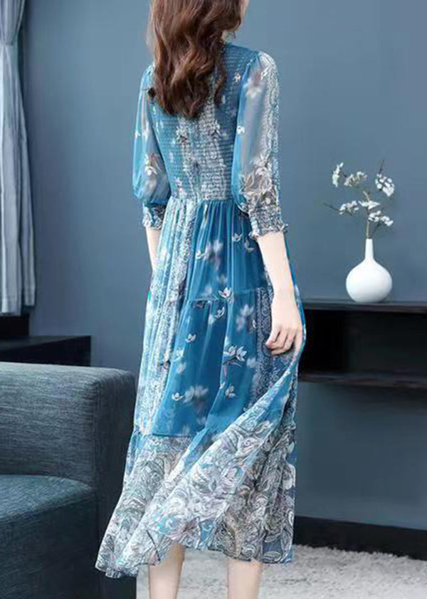 Italian Blue Print Wrinkled Patchwork Silk Long Dress Fall