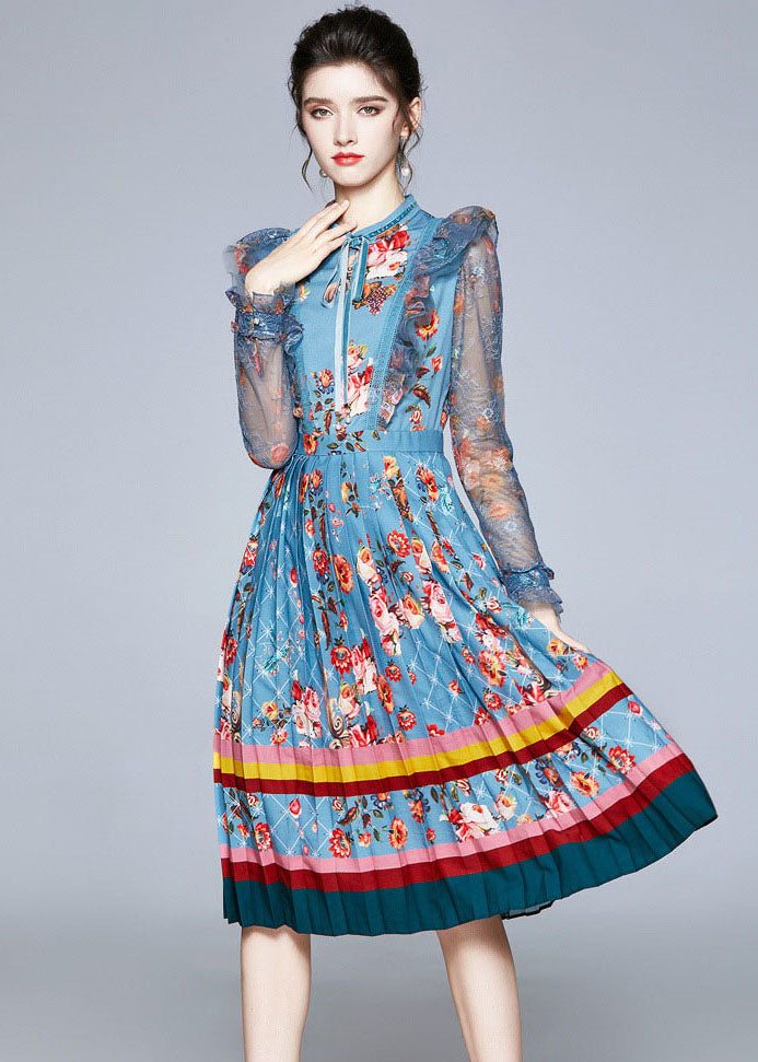 Italian Blue Ruffled Lace Up Print Tulle Patchwork Chiffon Dresses Fall