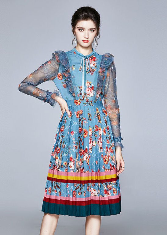 Italian Blue Ruffled Lace Up Print Tulle Patchwork Chiffon Dresses Fall