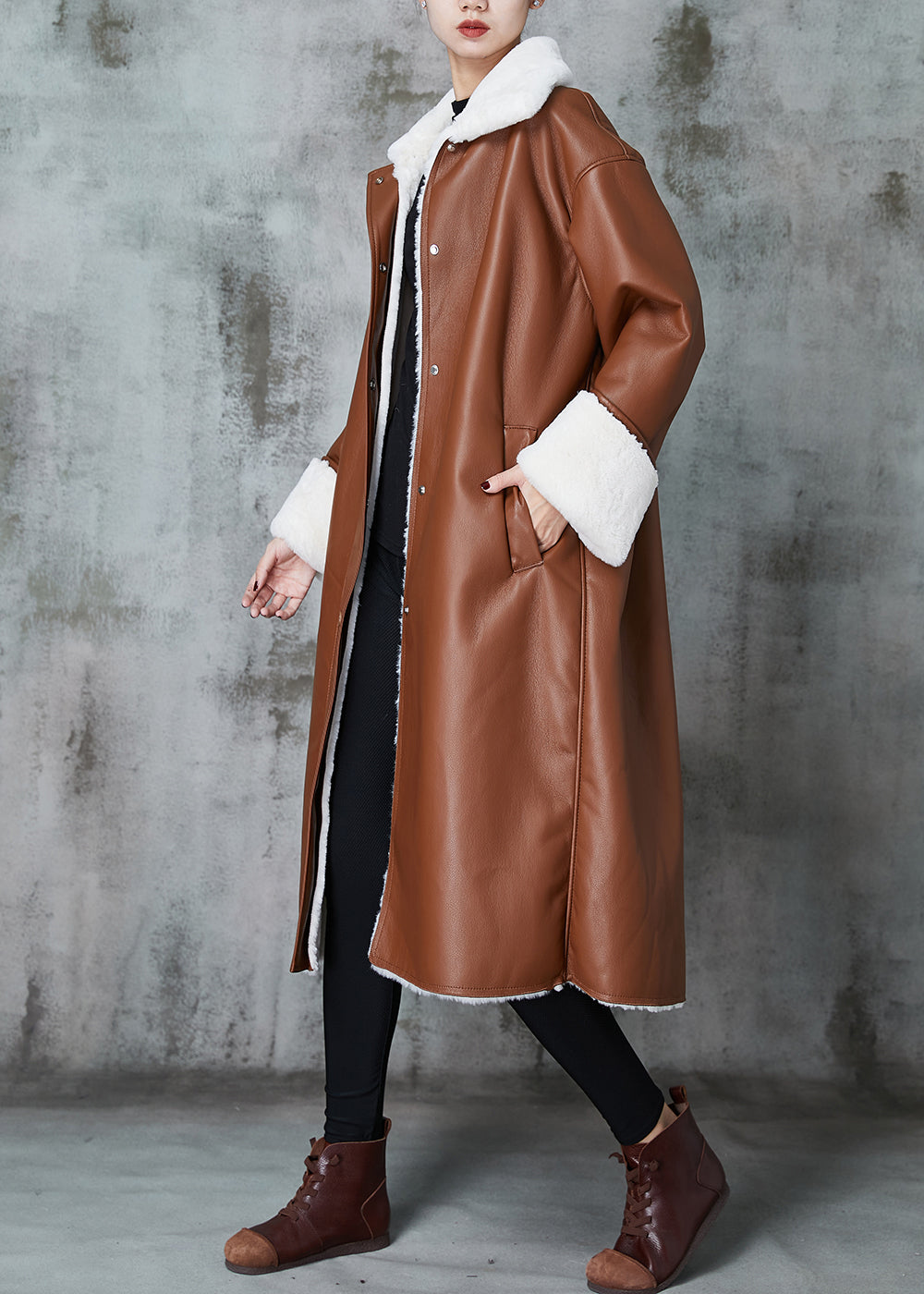 Italian Brown Oversized Warm Leather And Fur Trench Coats Spring