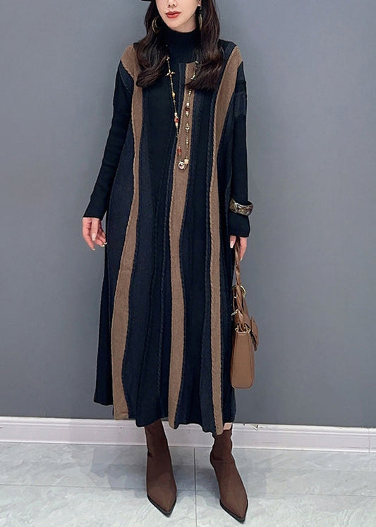 Italian Brown Striped Patchwork Knit Long Dresses Fall