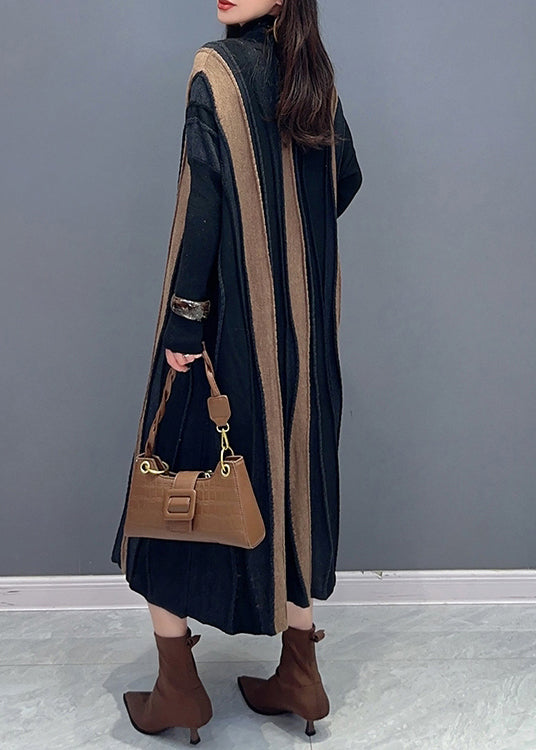 Italian Brown Striped Patchwork Knit Long Dresses Fall