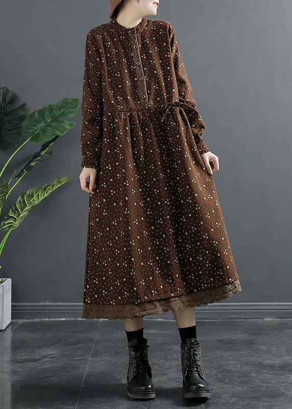 Italian Coffee Button Pockets Fleece Dress Winter