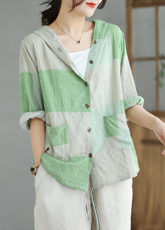 Italian Colorblock Hooded Pockets Linen Shirt Summer