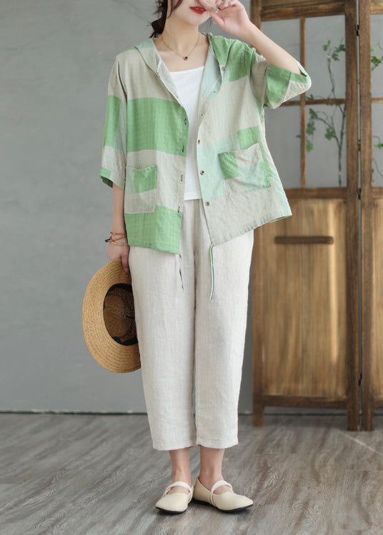 Italian Colorblock Hooded Pockets Linen Shirt Summer