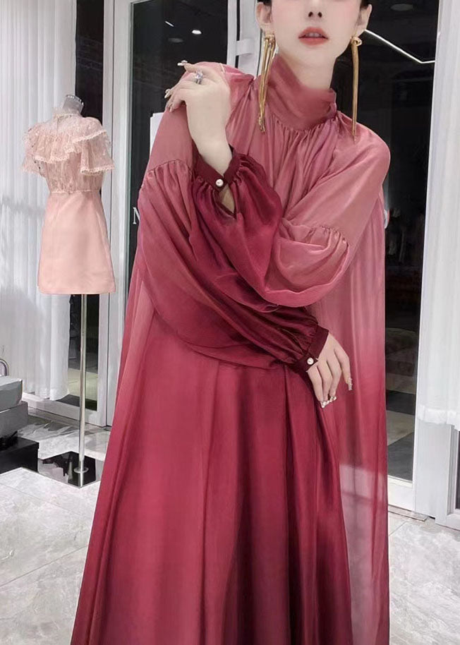 Italian Gradient Color Red Wrinkled Tulle Maxi Dresses Fall