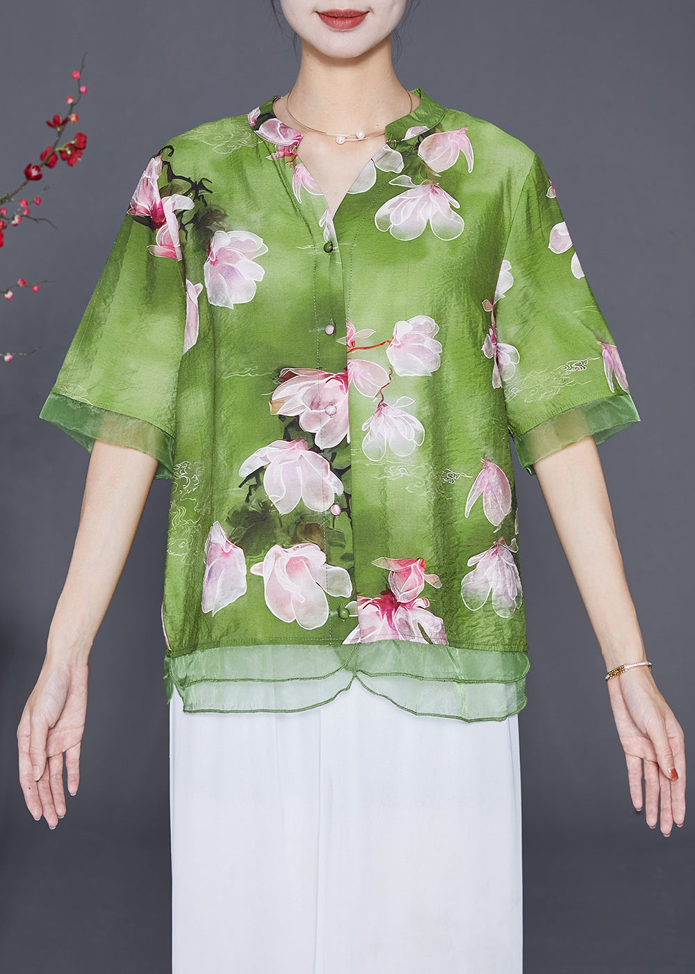 Italian Green Floral Patchwork Organza Linen Silk Shirt Top Half Sleeve